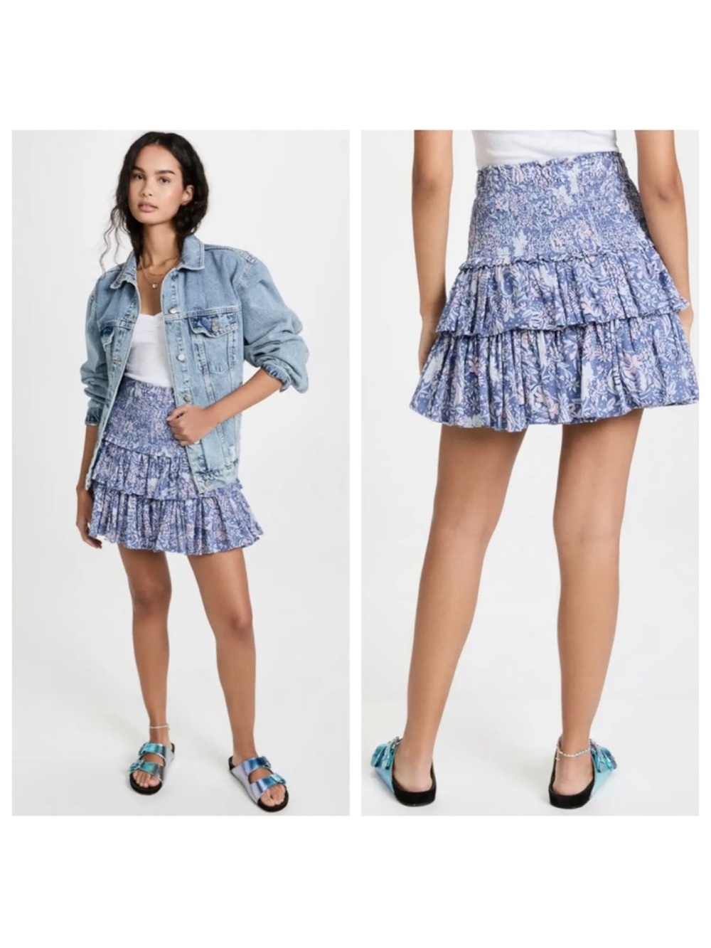 Sundry Blue Floral Smocked Tiered Mini Skirt